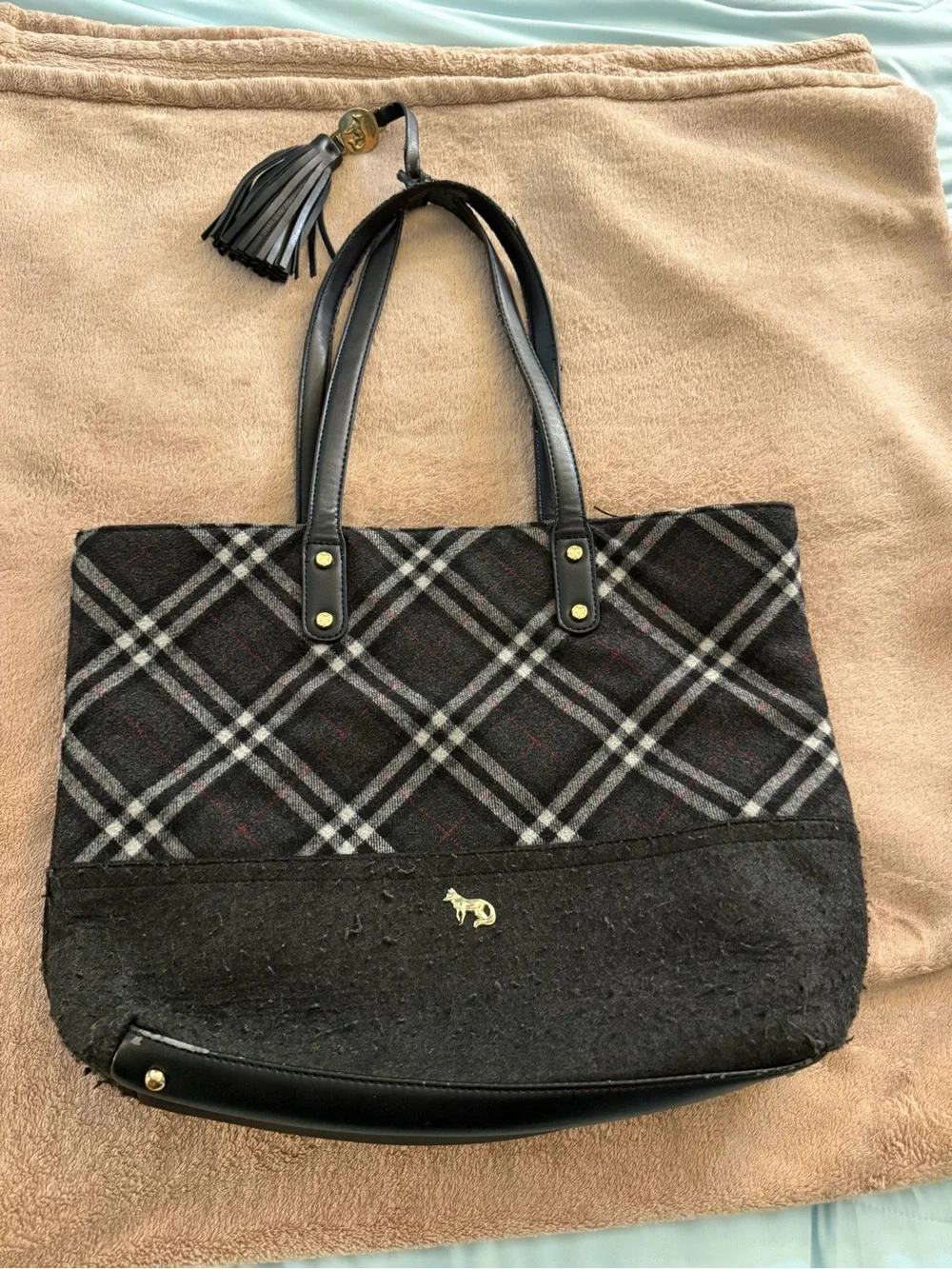 Tartan Plaid Black Tote Bag with Tassel